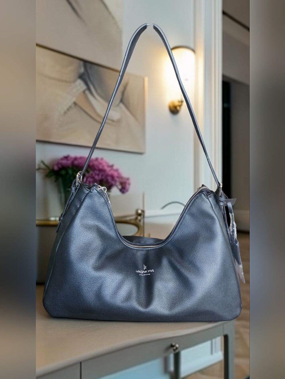 London Fog Black Pebbled Leather Crescent Hobo Shoulder Bag NWT